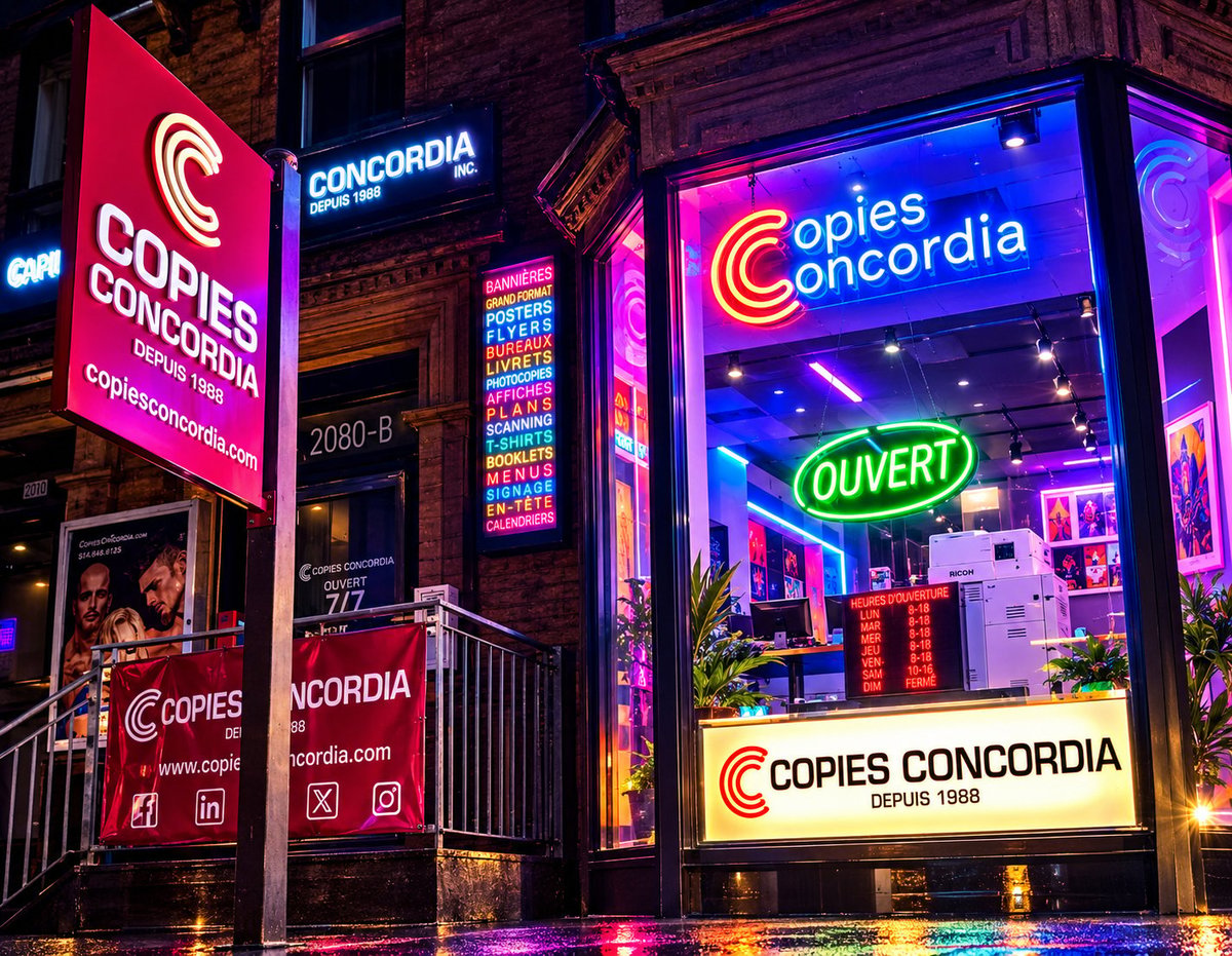 Brightly lit storefront of Copies Concordia at night with neon signs, open sign, and colorful purple and pink lighting on the storefront window and exterior walls
